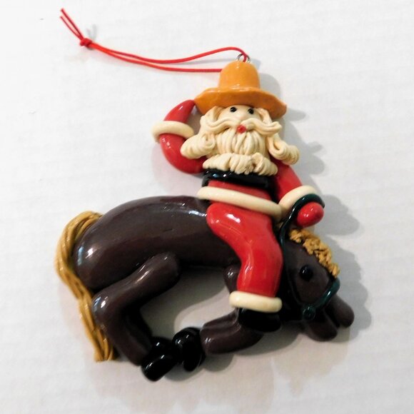 Cowboy Santa Ornament Bucking Bronco Horse Glazed Dough Clay 5"x4" - Picture 8 of 8